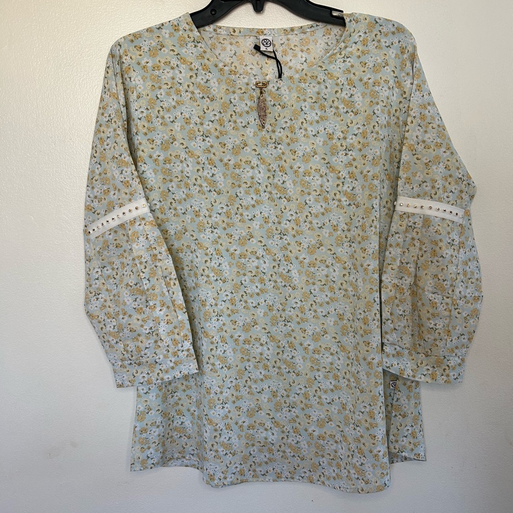 Floral Print Women's Top - light blue size XL